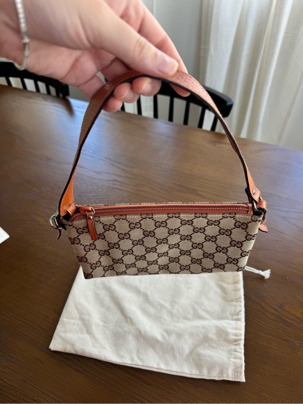 Gucci Beige GG Monogram Mini Wristlet with Brown Trim